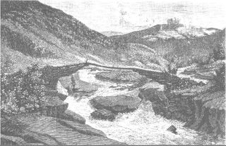 Skreabrua på Engan over elva Driva. Tegnet av rittmester Bernt Lund i Illustrert Nyhedsblad 1862.