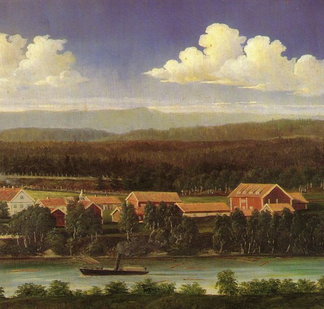 Bildet viser dampskipet ”Solungen” på Glomma utenfor Svenneby etter et maleri av E. Skari fra 1865.